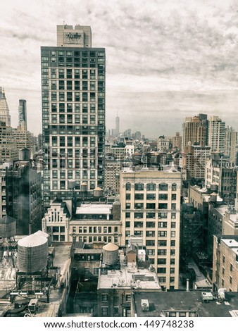 View of New York City skyline from a skyscraper.  Looking south towards Wall Street.  Vintage, Instagram filter added.