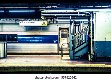 View Of New York City Train Waiting At Long Island Railroad Subway Platform At Penn Station In Manhattan NYC. 