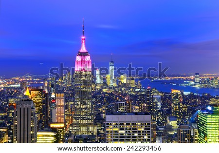 View of New York City at twilight.