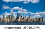 A view of the New York financial district fom Paulus Hook Pier in Jersey City, New Jersey on a bright autumn day.