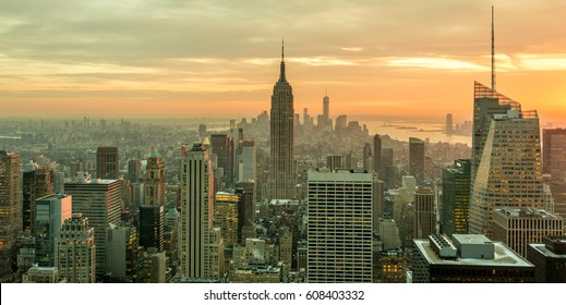 View of New York Manhattan during sunset hours - Shutterstock ID 608403332