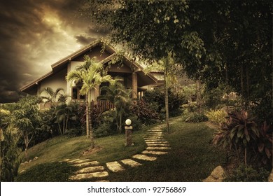 View of nice modern villa in  summer  dark  environment