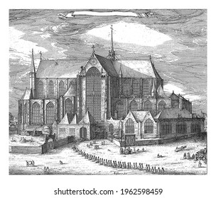 View of the Nieuwe Kerk in Amsterdam, seen from Dam Square. With a funeral procession in the middle that moves into the church. At the top center a banderole with the title.