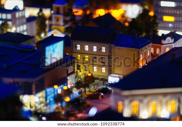 View of the night city, a\
toy model of the city. Russia, Saint-Petersburg, the Museum Grand\
model Russia, city transport and the production in\
miniature.