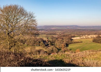 View North Across The Countryside From The South Downs Way Above The Village Of East Harting, West Sussex