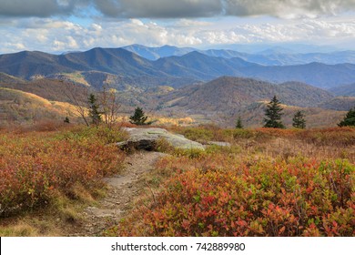 View Of North Carolina From Roan Mountain Appalachian Trail At Round Bald In Autumn.