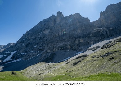 View of the North Face of the Eiger mountain in Switzerland from the Eiger hiking trail
