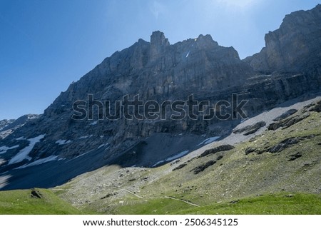 View of the North Face of the Eiger mountain in Switzerland from the Eiger hiking trail