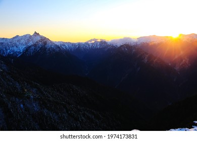View of northern alps(mt.yari and mt.kasa) from the summit of Mt.Tsubakuro in sunset, northern alps,Nagano prefecture, Japan