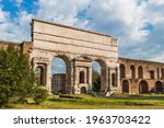 View of the northwest side of the colossal Porta Maggiore on the Aurelian Walls in Rome, Italy