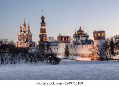 View of the Novodevichy Orthodox Convent on a winter evening. Moscow, Russia - Shutterstock ID 2249715189