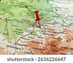 View of Novosibirsk, is the largest city and administrative centre of Novosibirsk Oblast and the Siberian Federal District in Russia, on a geographical map of Asia, marked with red pushpin