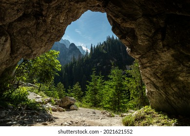 View from the Oblaskowa cave through on the Koscieliska valley. Polish Western Tatras, Lesser Poland