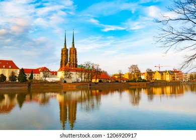 View of Oder river and St. John the Baptist cathedral in Wroclaw, Lower Silesia, Poland