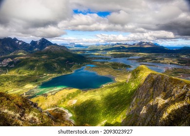View from Offersoykammen on Vestvagoy in Lofoten, Nordland, Norway, towards North-East, with the Vagspollen Lake