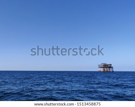 View of offshore platform decommissioned at Caspian Sea.