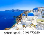 View of Oia town and aegean sea in Santorini island in Greece. Cyclades islands, Santorini Greek landscape.