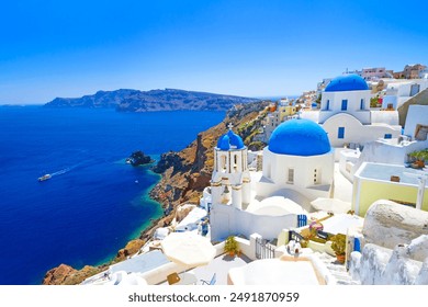 View of Oia town and aegean sea in Santorini island in Greece. Cyclades islands, Santorini Greek landscape.