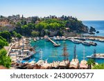 View of Old Antalya Marina in Kaleici. The Kaleici area is the historic city center and a popular tourist attraction in Turkey.