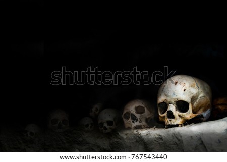 view of an old, cracked and damaged human skull on the dark shelves of the crypt. death, appocalypstic concept, cannibalism,