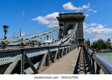 View of old historical Széchenyi Chain Bridge over Danube with clear blue sky in Budapest, Hungary
