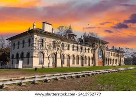 View of old historical train station building of Edirne, Turkey