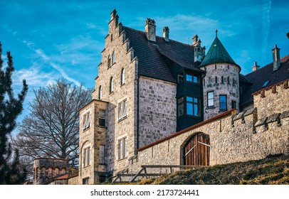 View of the old mansion. Old mansion house. Stone mansion exterior. Mansion house