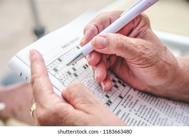 View Of An Old Person Completing A Crossword Puzzle