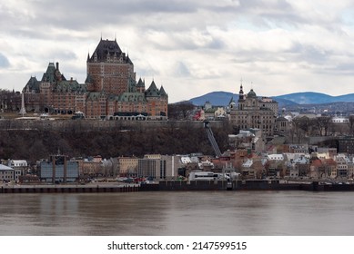 View Of The Old Quebec City And The Frontenac Castle From The South Shore Of The St Lawrence River At Levis.