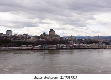 View Of The Old Quebec City And The Frontenac Castle From The South Shore Of The St Lawrence River At Levis.