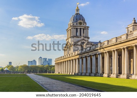 View of Old Royal Naval College (1873) building (UNESCO World Heritage Site) at sunset. Greenwich, London, UK