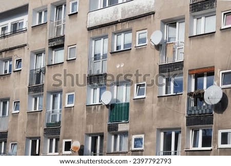 View of old and shabby Soviet-era panel building apartments in the heart of the modern university city of Wrocław (Breslau) in Poland