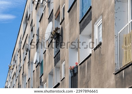 View of old and shabby Soviet-era panel building apartments in the heart of the modern university city of Wrocław (Breslau) in Poland