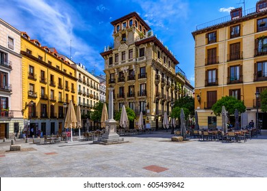 View Of Old Square In Madrid, Spain. Architecture And Landmark Of Madrid, Postcard Of Madrid.