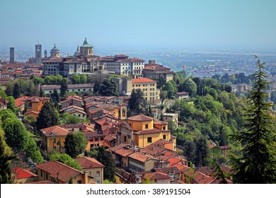 View at Old Town Citta Alta of Bergamo from San Vigilio Hill. Bergamo, Italy