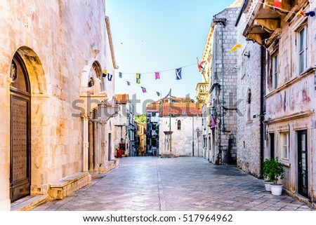 View at old town historic center in Korcula places, famous destination in Mediterranean, Croatia Europe summertime./ Square town Korcula Croatia. / Selective focus.
