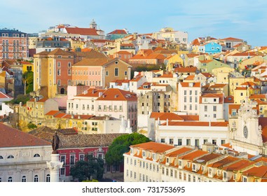 View of Old Town of Lisbon with monument of the king Pedro IV. Portugal