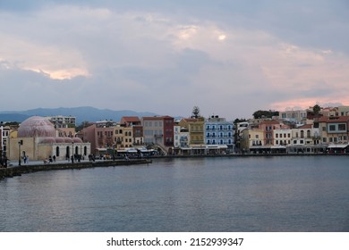 View of the old Venetian harbor of Chania town on Crete island, Greece on November 14, 2021.