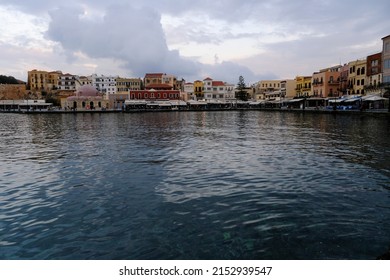View of the old Venetian harbor of Chania town on Crete island, Greece on November 14, 2021.