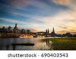View of the oldtown of Dresden from the Neustaedter Elbufer, with some of its main buildings to be recognised, including the Frauenkirche, the Cathedral or the Albertina. Long exposure.
