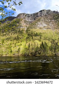 View On The Acropole Des Draveurs Mountain From The River Shore In Hautes Gorges De La Rivière Malbaie National Park (SEPAQ), Charlevoix, Quebec In Spring