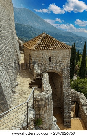 View on ancient Sokol Grad, Falcon Fortress, Sokol kula, outdoors, castle on the mountain. Defensive medieval castle in Konavle town near Dubrovnik city. Croatia. Tourism destination
