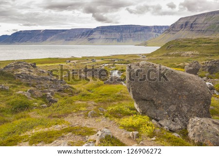 View on Arnarfjordur fjord from Dynjandi waterfall - Westfjords, Iceland.