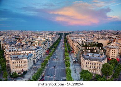 View On Avenue Des Champs-Elysees From Arc De Triomphe At Sunset, Paris, France