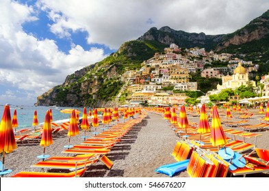 View On Beach In Positano On Amalfi Coast, Campania, Italy