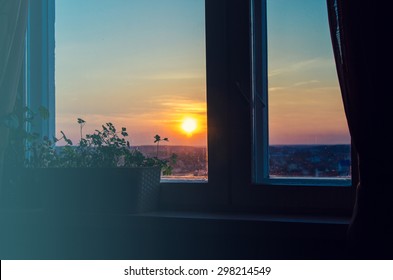 View On Beautiful Sunrise From Home Window