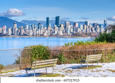 View On Beautiful Vancouver Park And Harbour Over Snow Mountains.