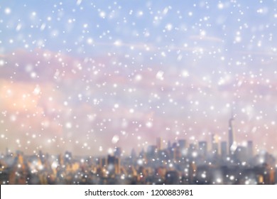 View On The Blurred Skyline Of Manhattan In The Snowfall. New York City. Winter Concept.