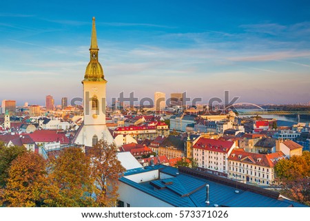 View on Bratislava old town with St. Martins Cathedral and Danube river,Bratislava,Slovakia