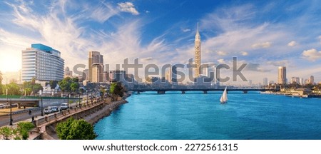 View on Cairo downtown with the Tower and fashionable hotels in Gezira island in the Nile, Egypt
